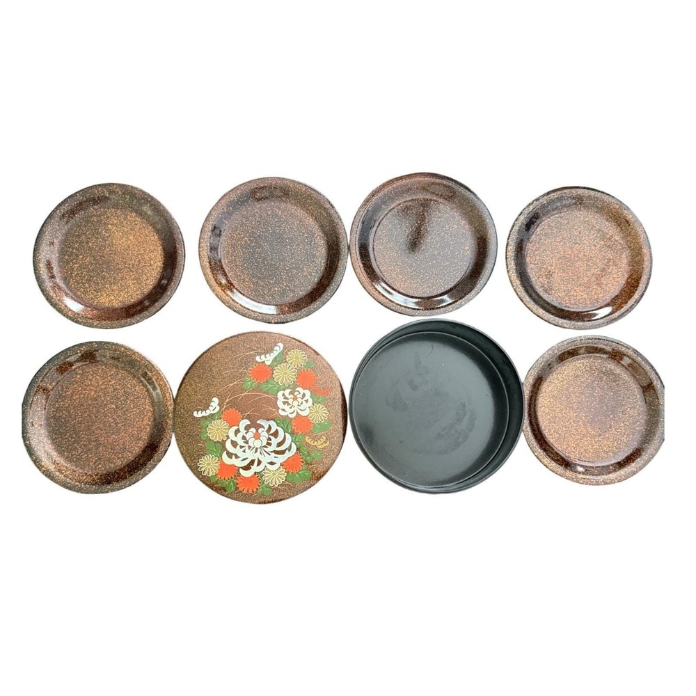 Japanese‎ 6 Coaster Set Lacquerware Floral Chrysanthemum Maki-e Case MCM Vintage - Picture 3 of 3
